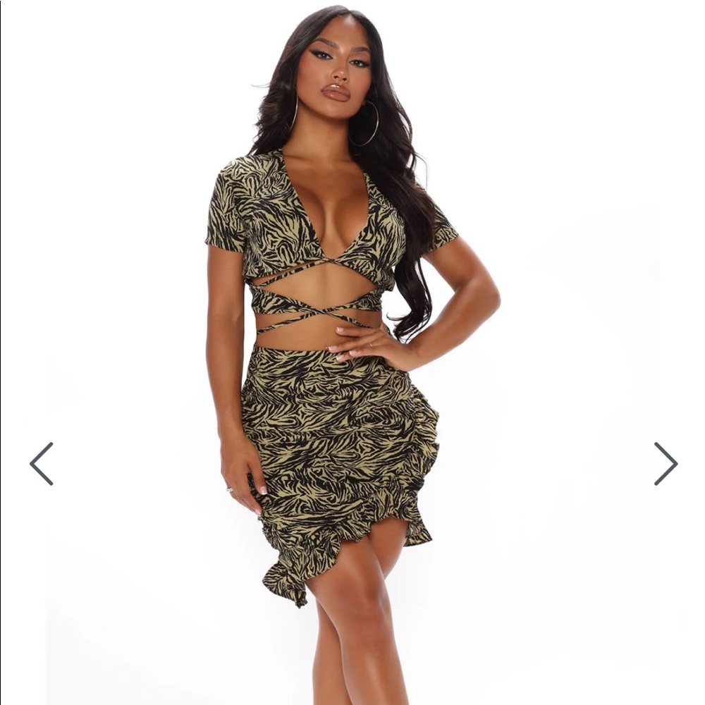 Animal Print Skirt Set - Olive Green